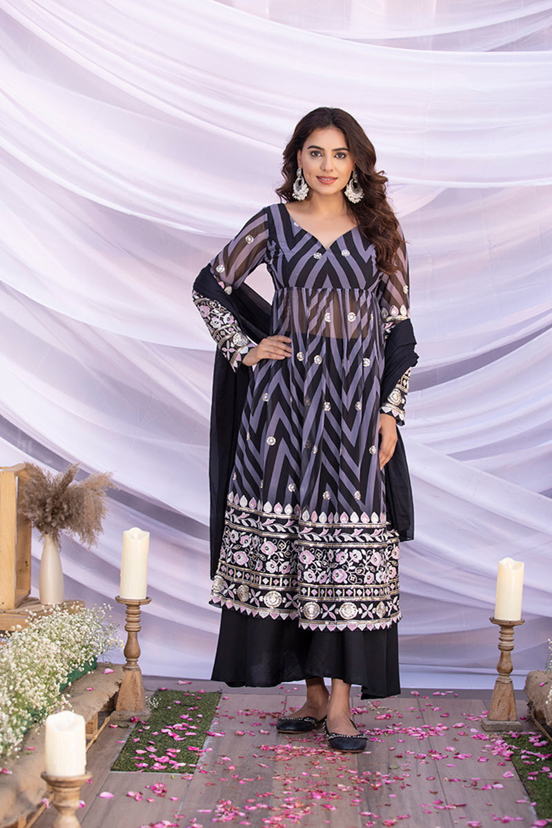 Black Aztec Print Embroidered Flared Suit Set