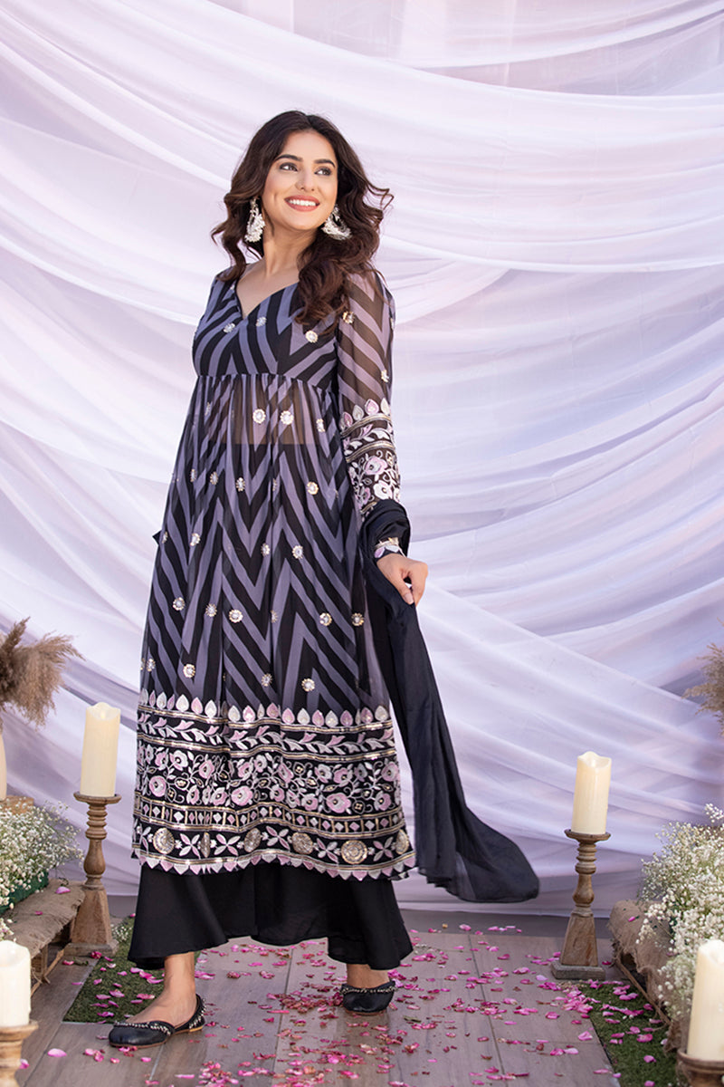 Black Aztec Print Embroidered Flared Suit Set