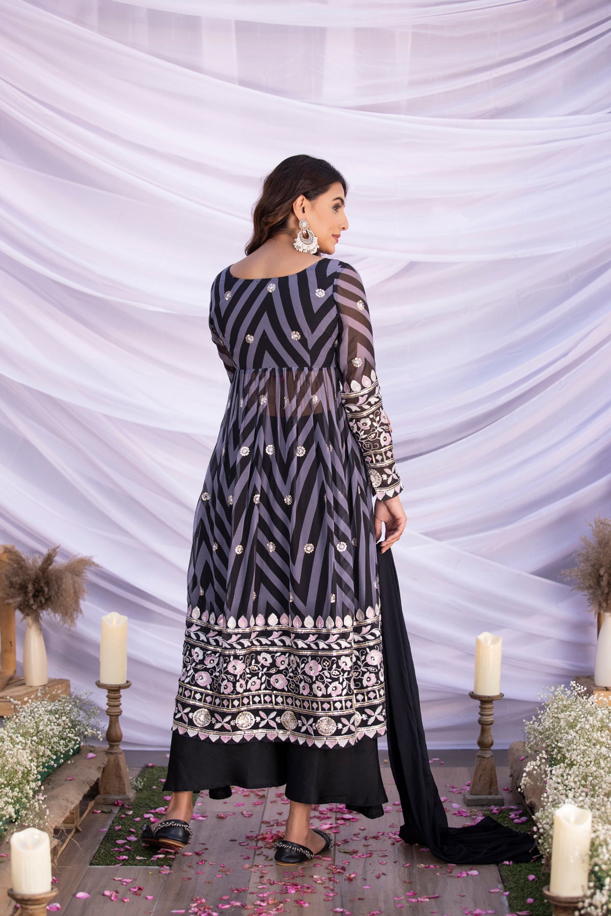 Black Aztec Print Embroidered Flared Suit Set