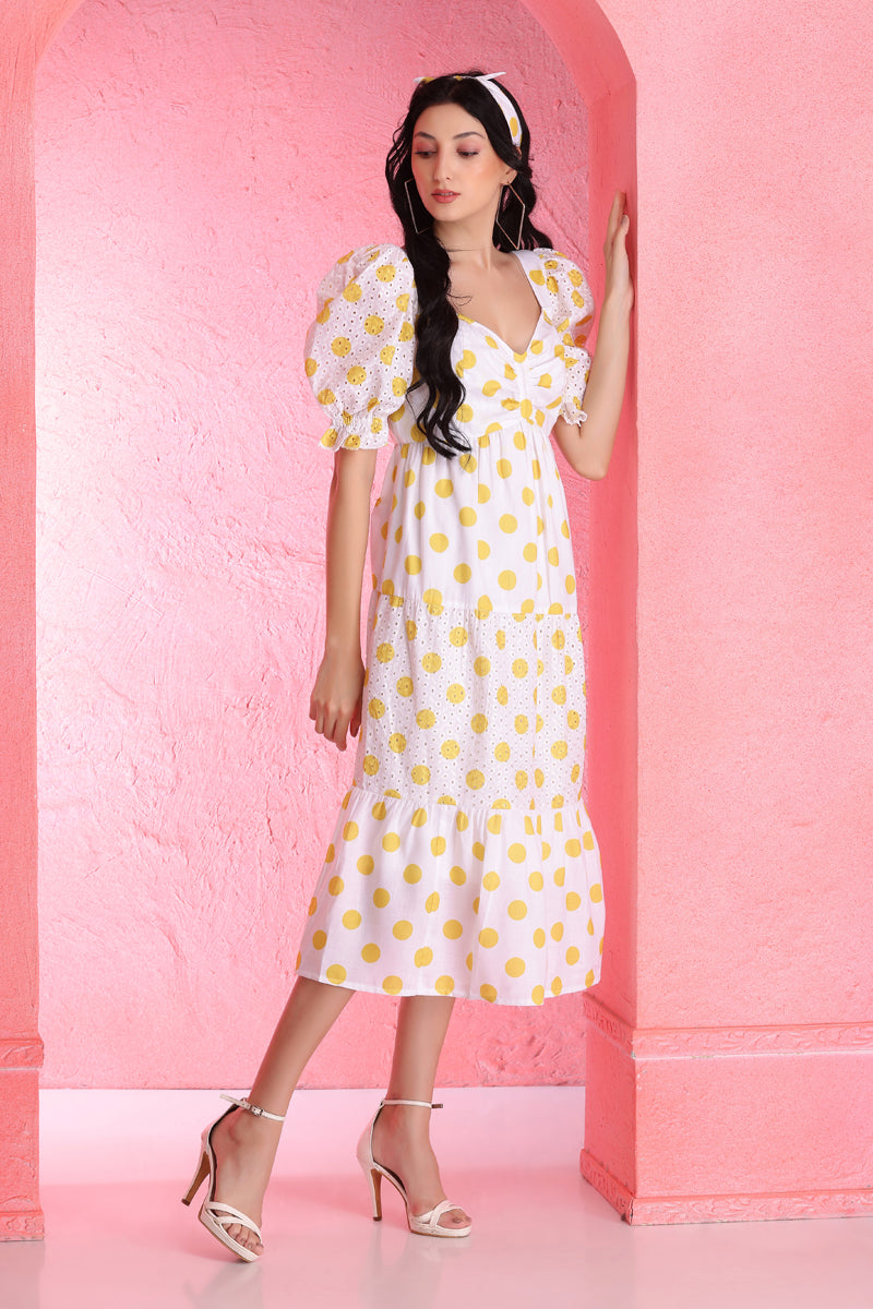 Yellow Polka Dot Schiffli Midi Dress