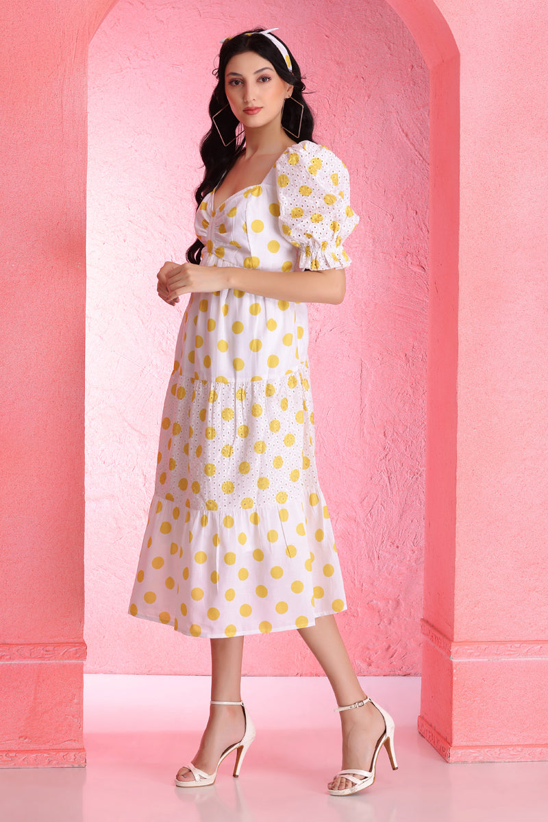 Yellow Polka Dot Schiffli Midi Dress