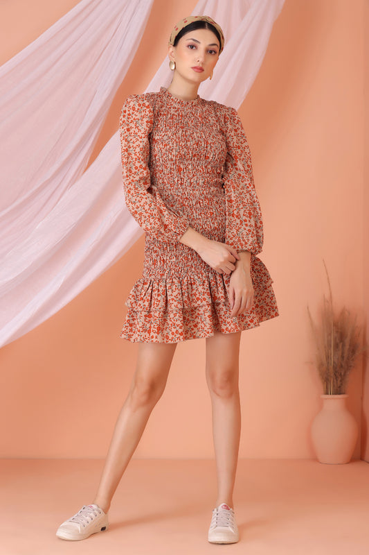 Coral Floral Smocked Short Midi Dress