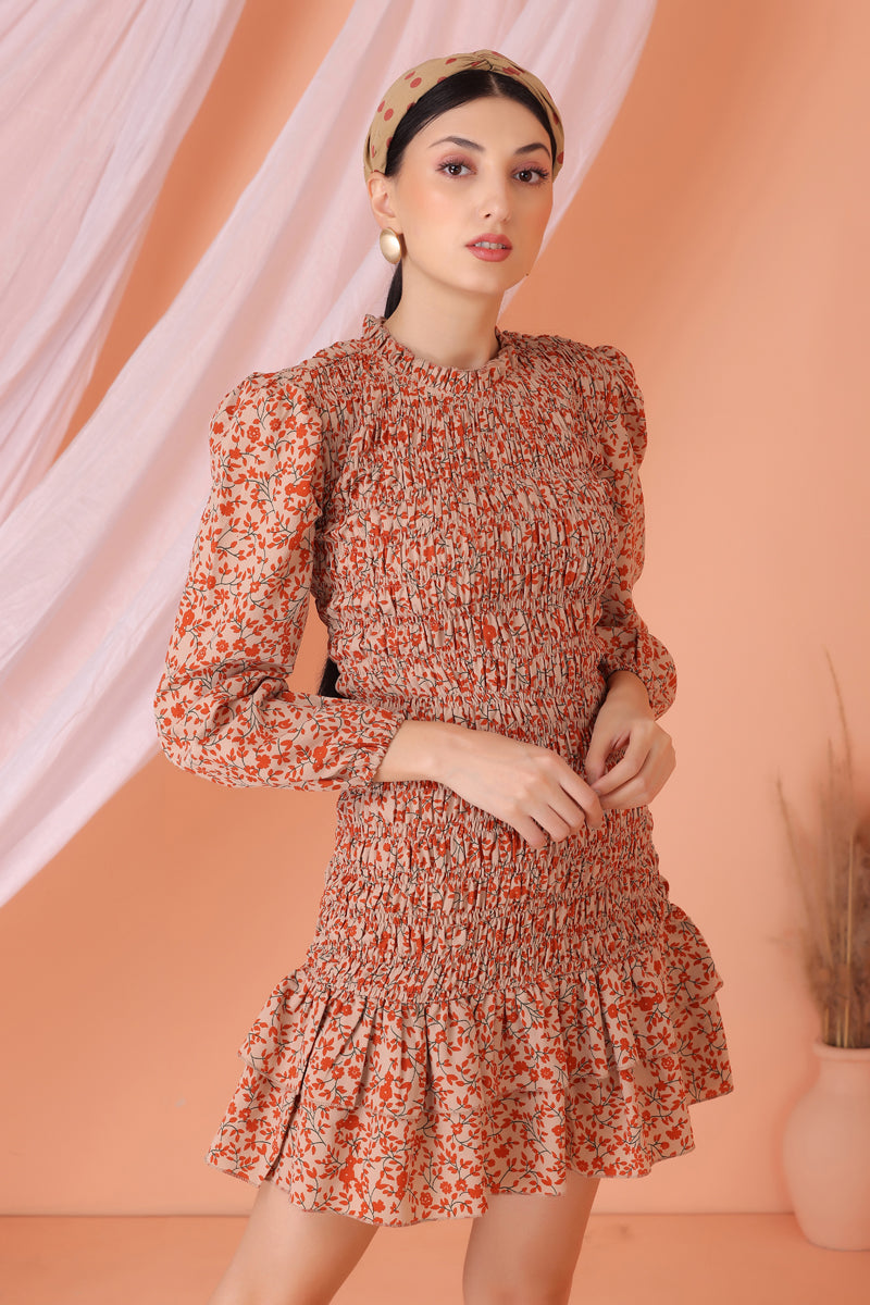 Coral Floral Smocked Short Midi Dress