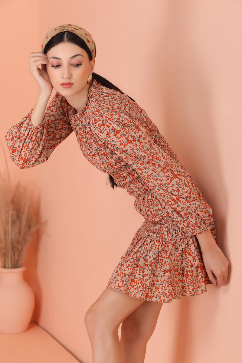 Coral Floral Smocked Short Midi Dress