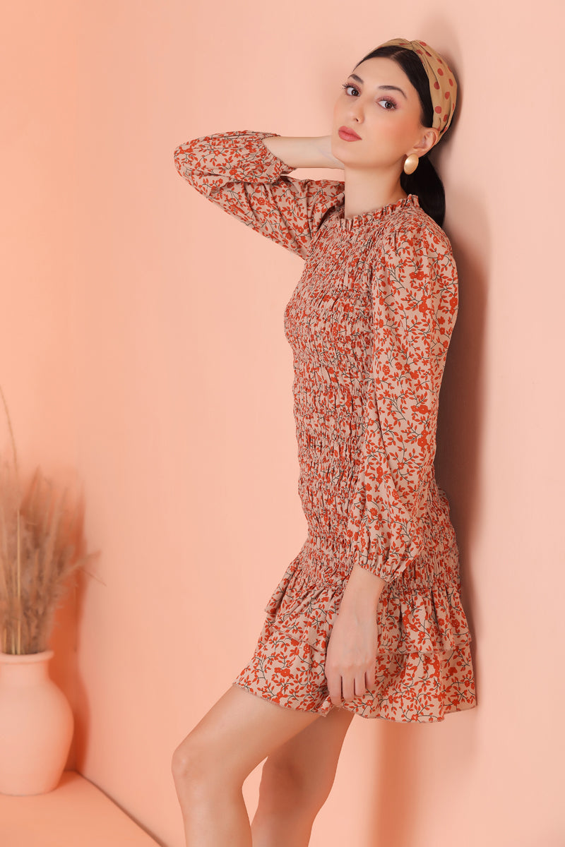 Coral Floral Smocked Short Midi Dress