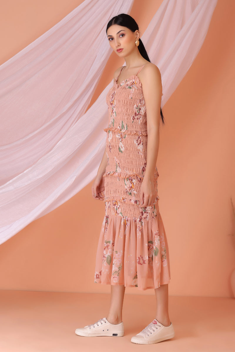 Peach Floral Print Strappy Dress