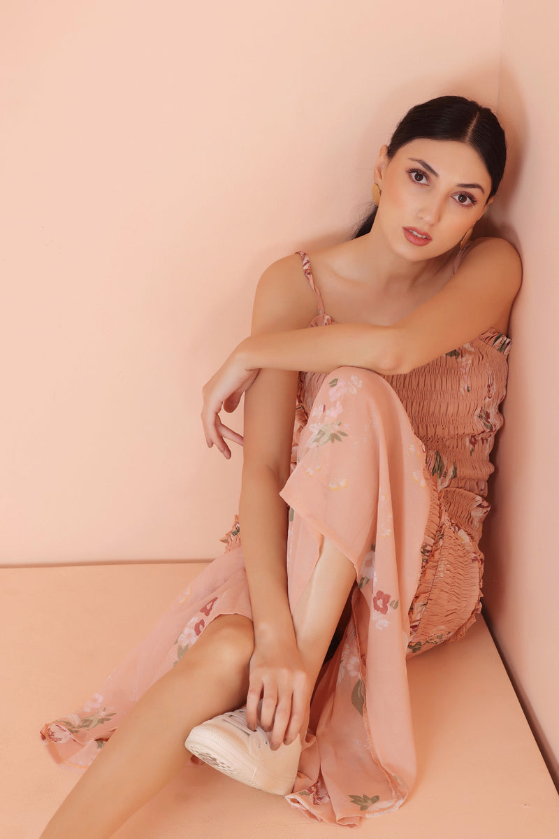 Peach Floral Print Strappy Dress