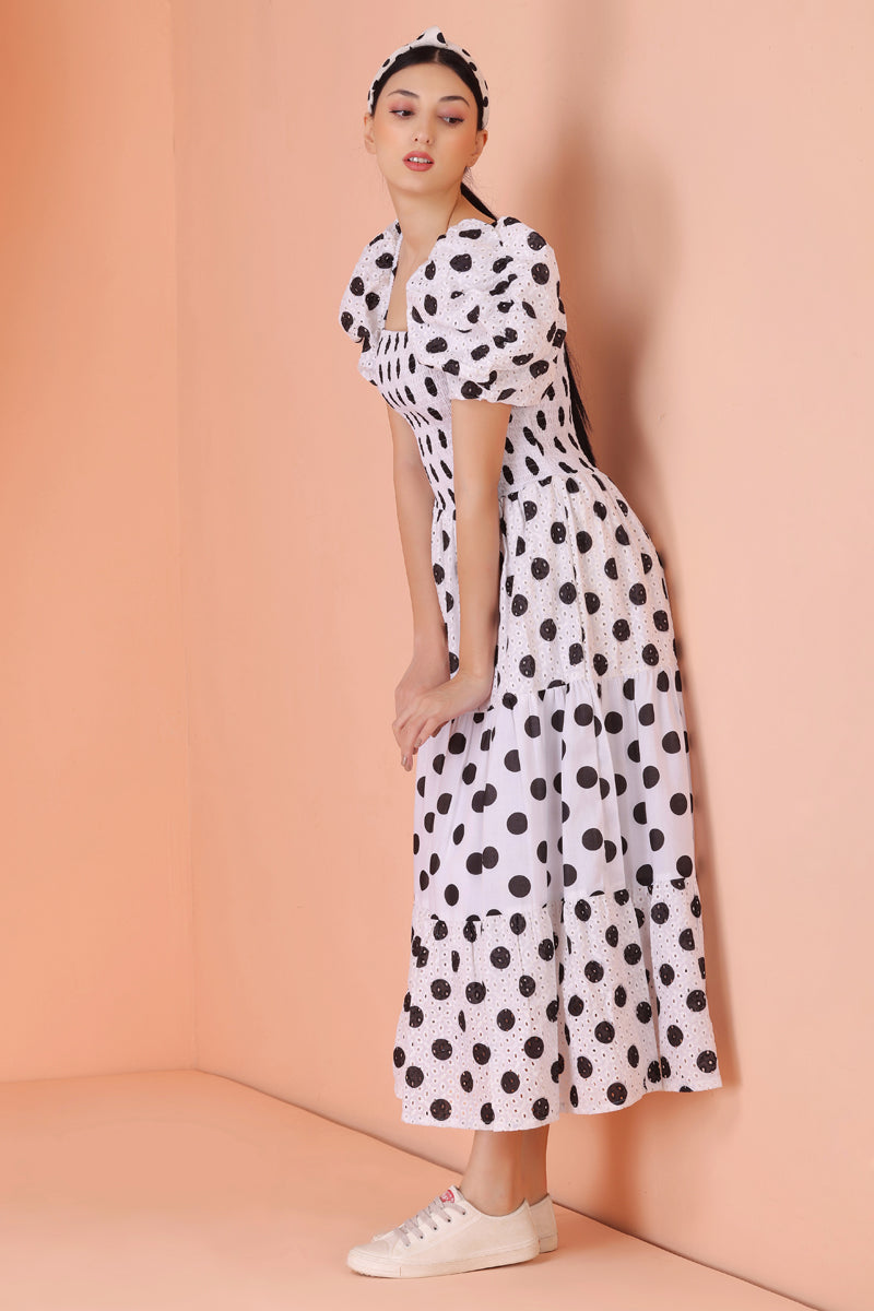 White and Black Polka Dot Schiffli Midi Dress