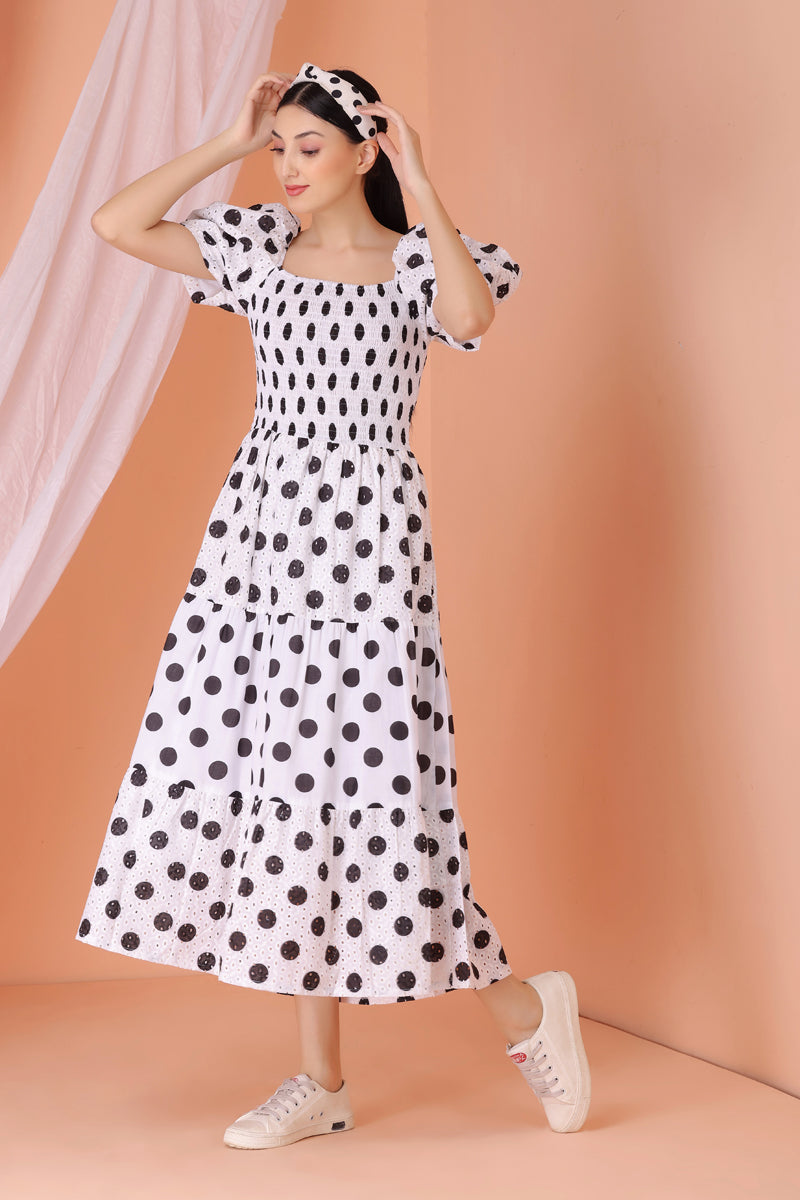 White and Black Polka Dot Schiffli Midi Dress