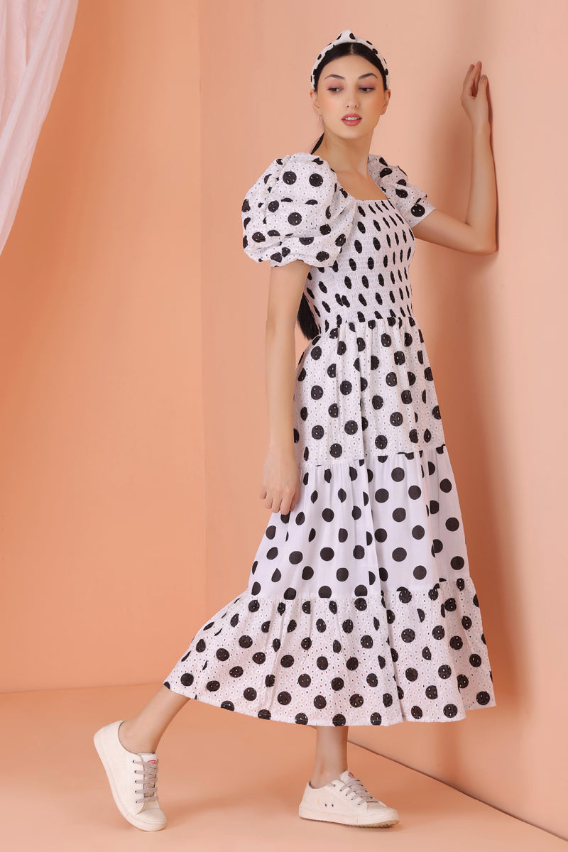White and Black Polka Dot Schiffli Midi Dress