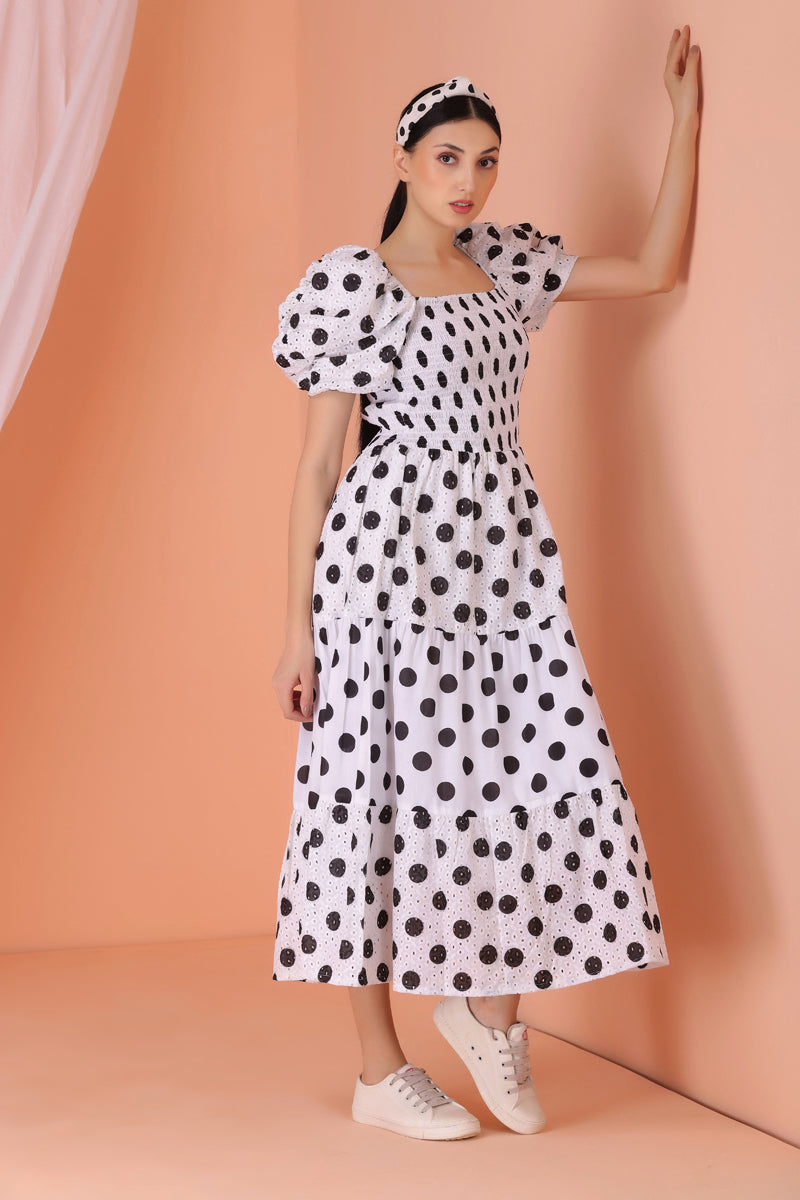 White and Black Polka Dot Schiffli Midi Dress