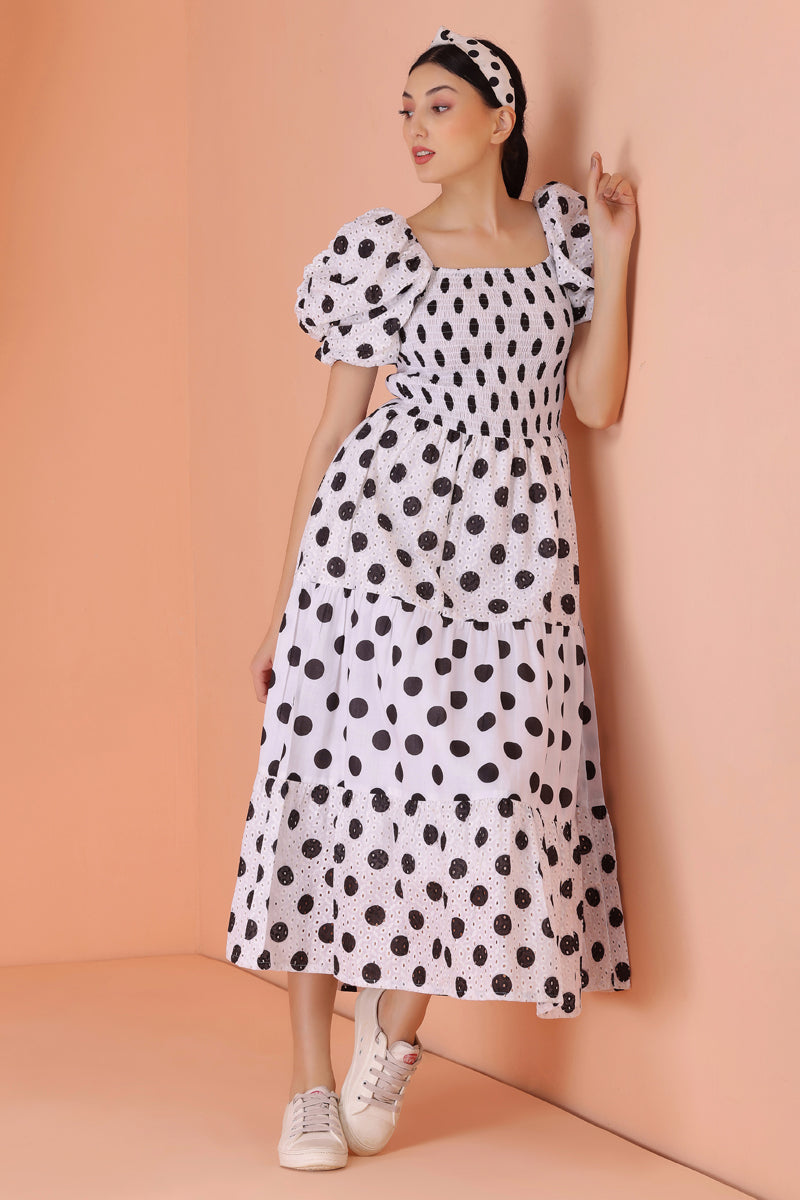 White and Black Polka Dot Schiffli Midi Dress