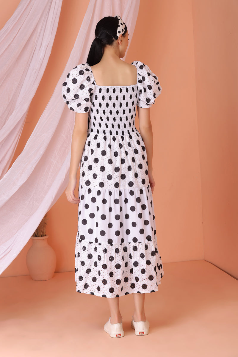 White and Black Polka Dot Schiffli Midi Dress