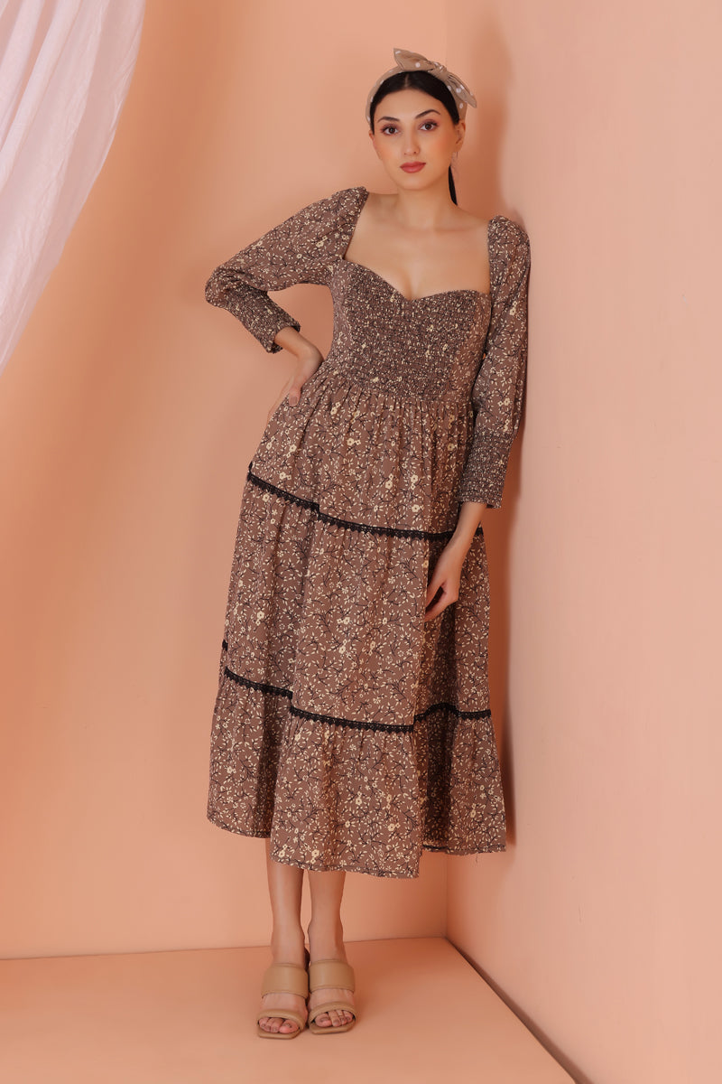Brown Floral Print Midi Dress