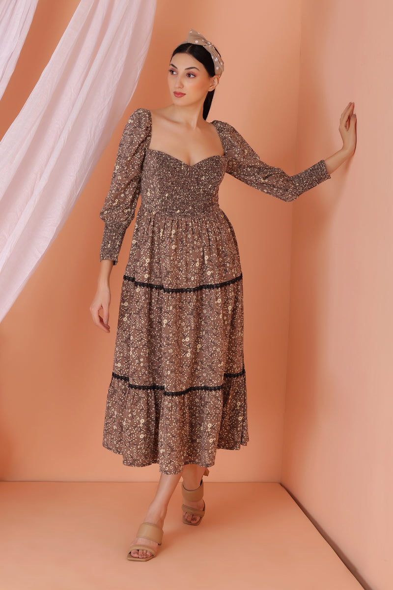 Brown Floral Print Midi Dress