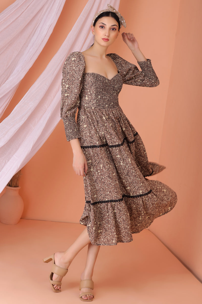 Brown Floral Print Midi Dress