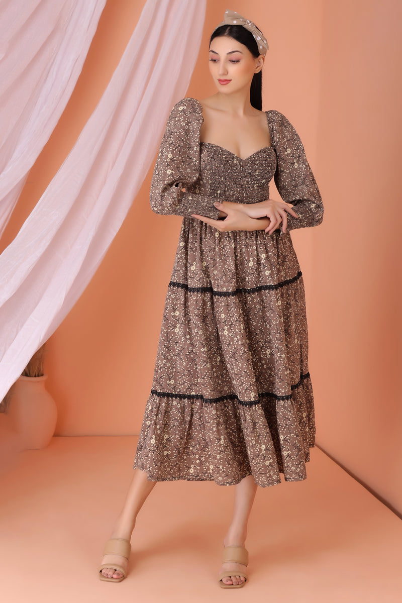 Brown Floral Print Midi Dress