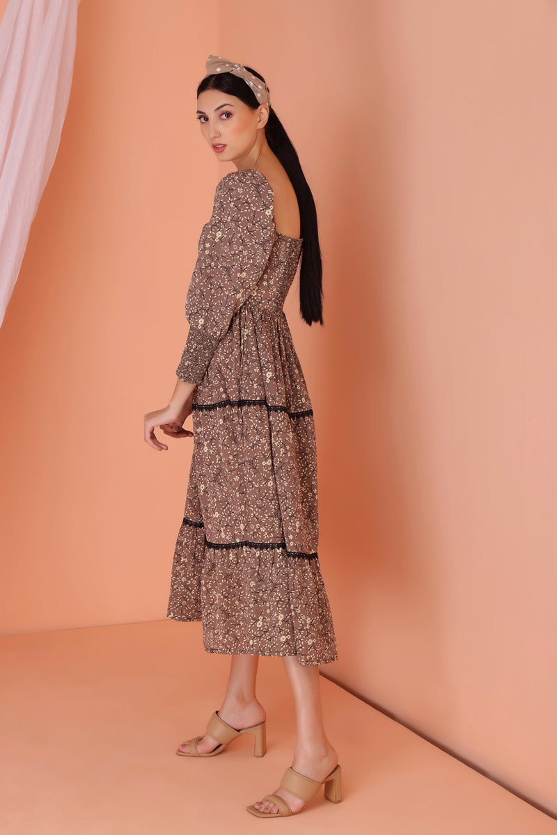 Brown Floral Print Midi Dress