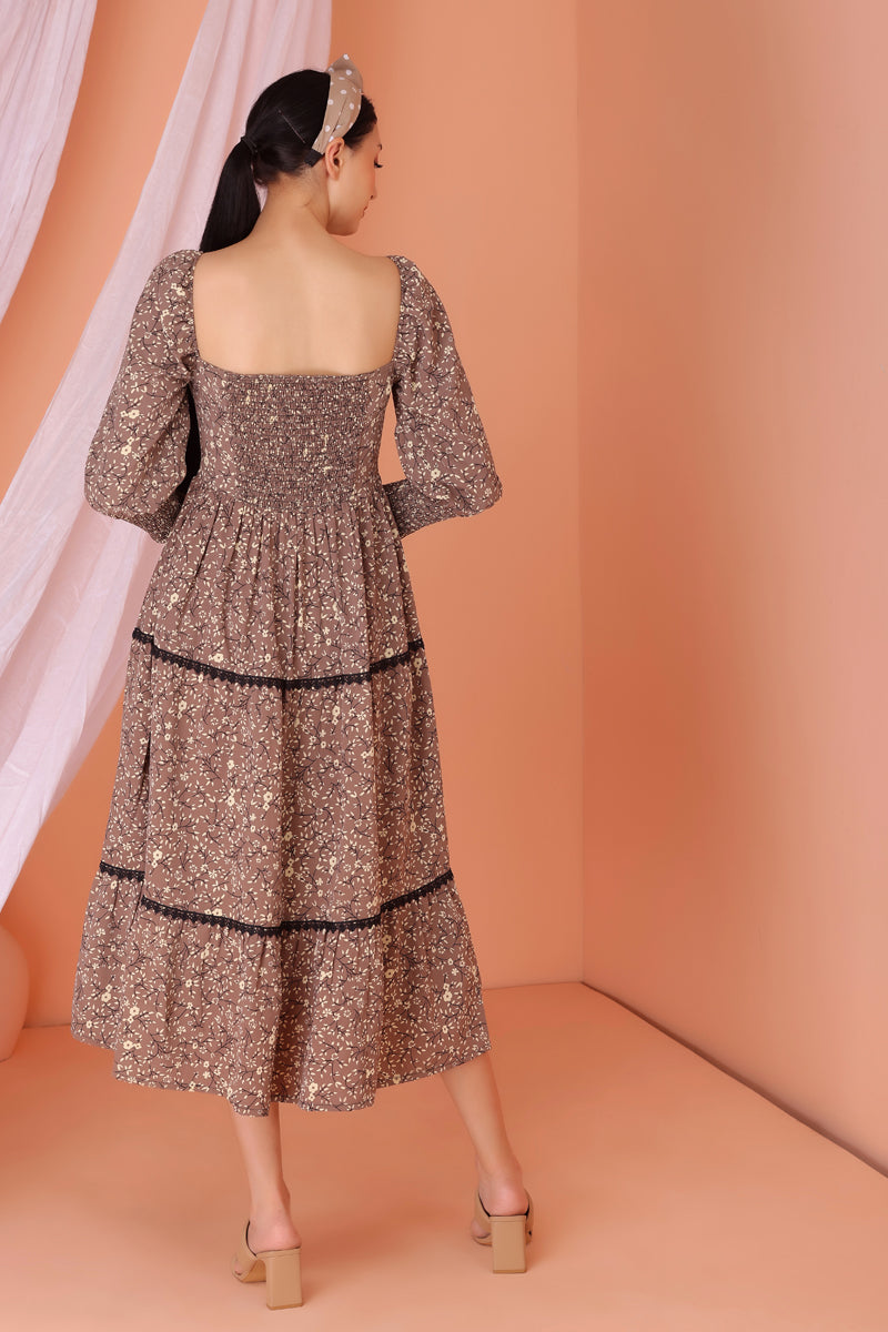 Brown Floral Print Midi Dress