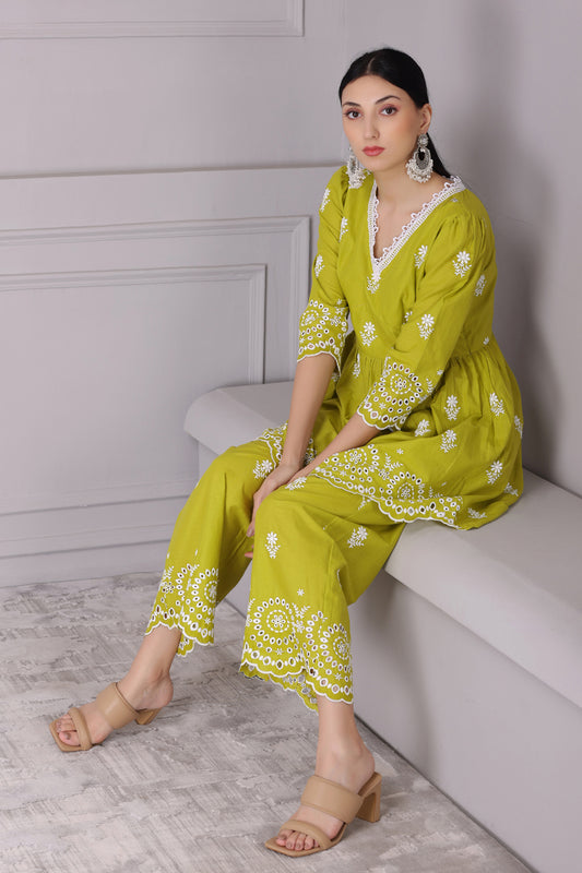 Lime Floral Bloom Embroidered Kurta Set