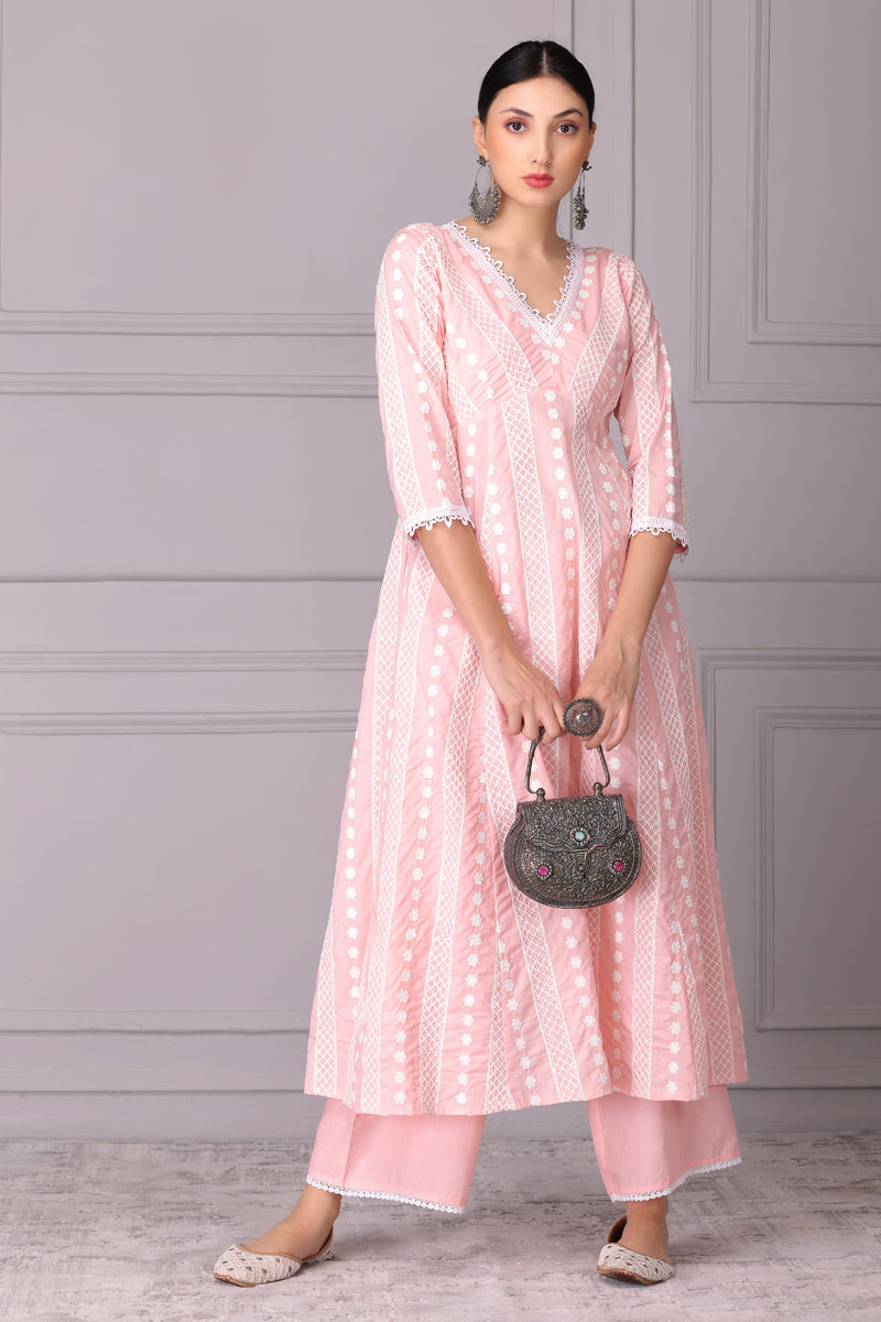 Baby Pink Lace Embroidered Kurta Set