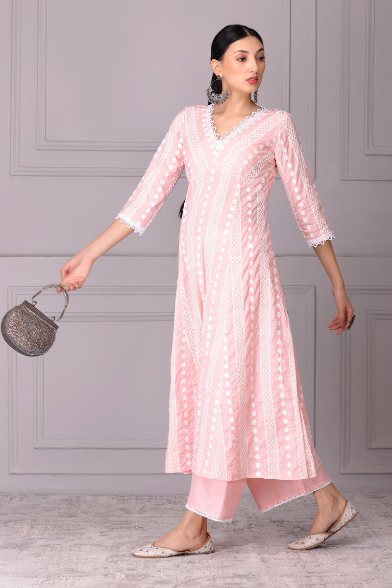 Baby Pink Lace Embroidered Kurta Set