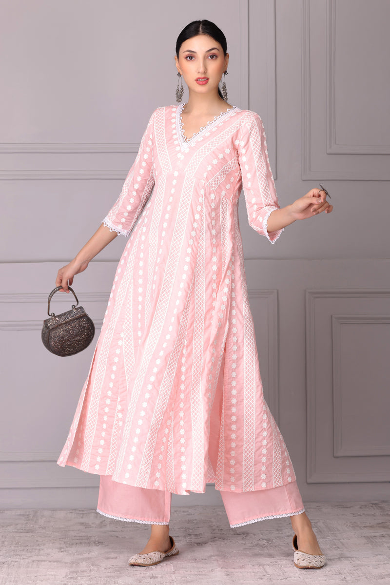 Baby Pink Lace Embroidered Kurta Set