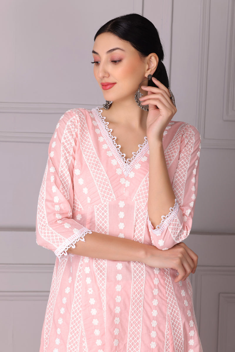 Baby Pink Lace Embroidered Kurta Set