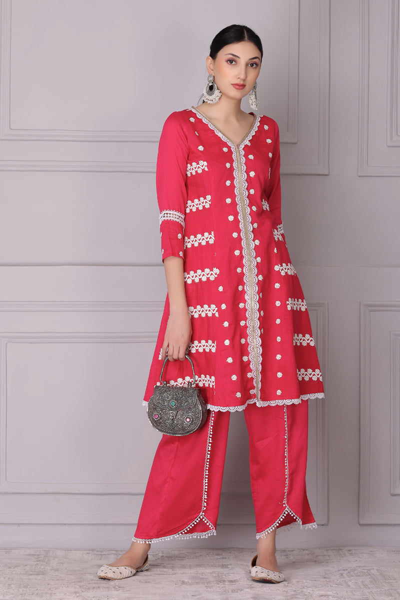 Bloom Pink White Embroidered Kurta Set