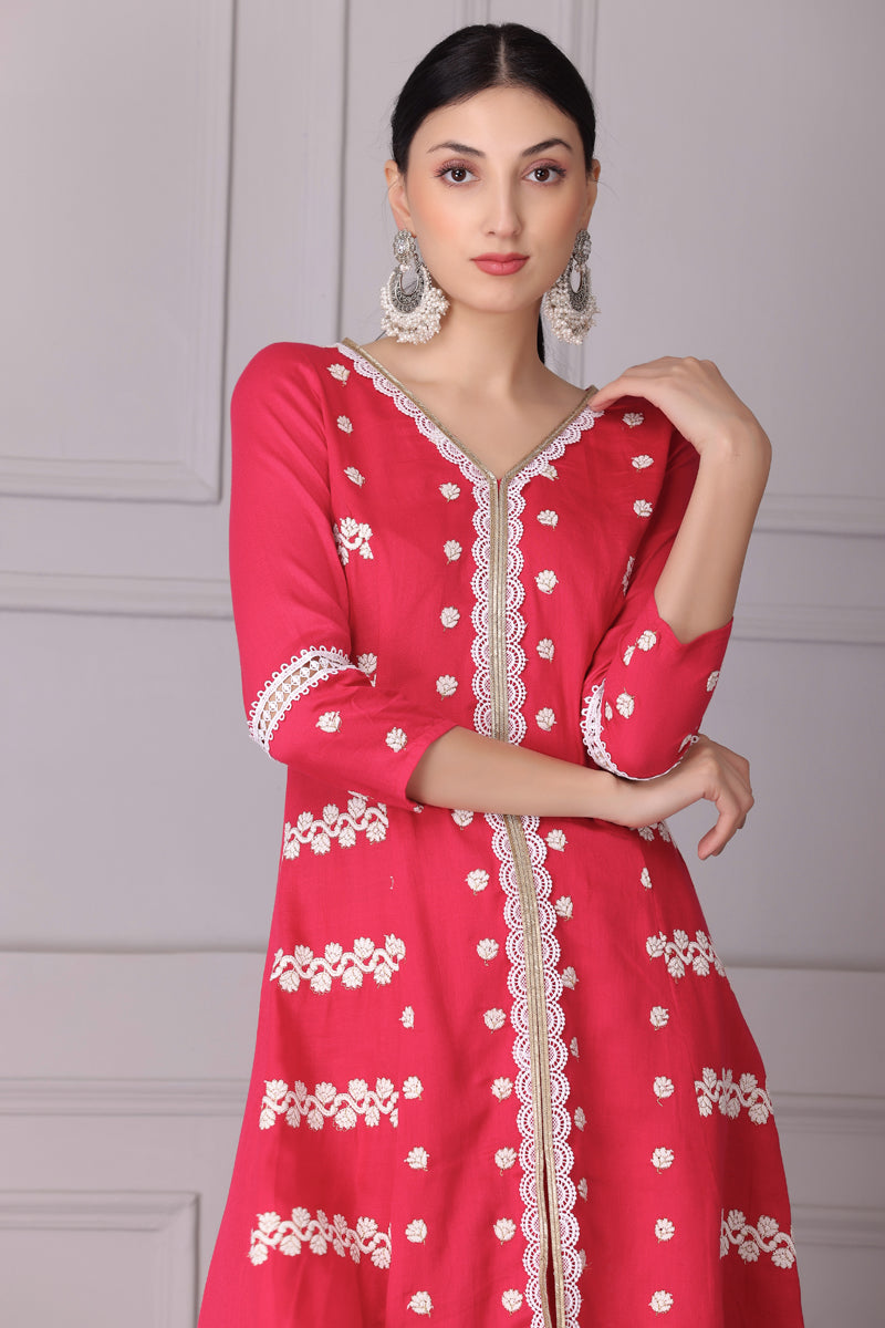Bloom Pink White Embroidered Kurta Set