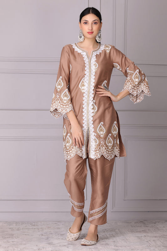 Almond Gold and White Embroidered Kurta Set