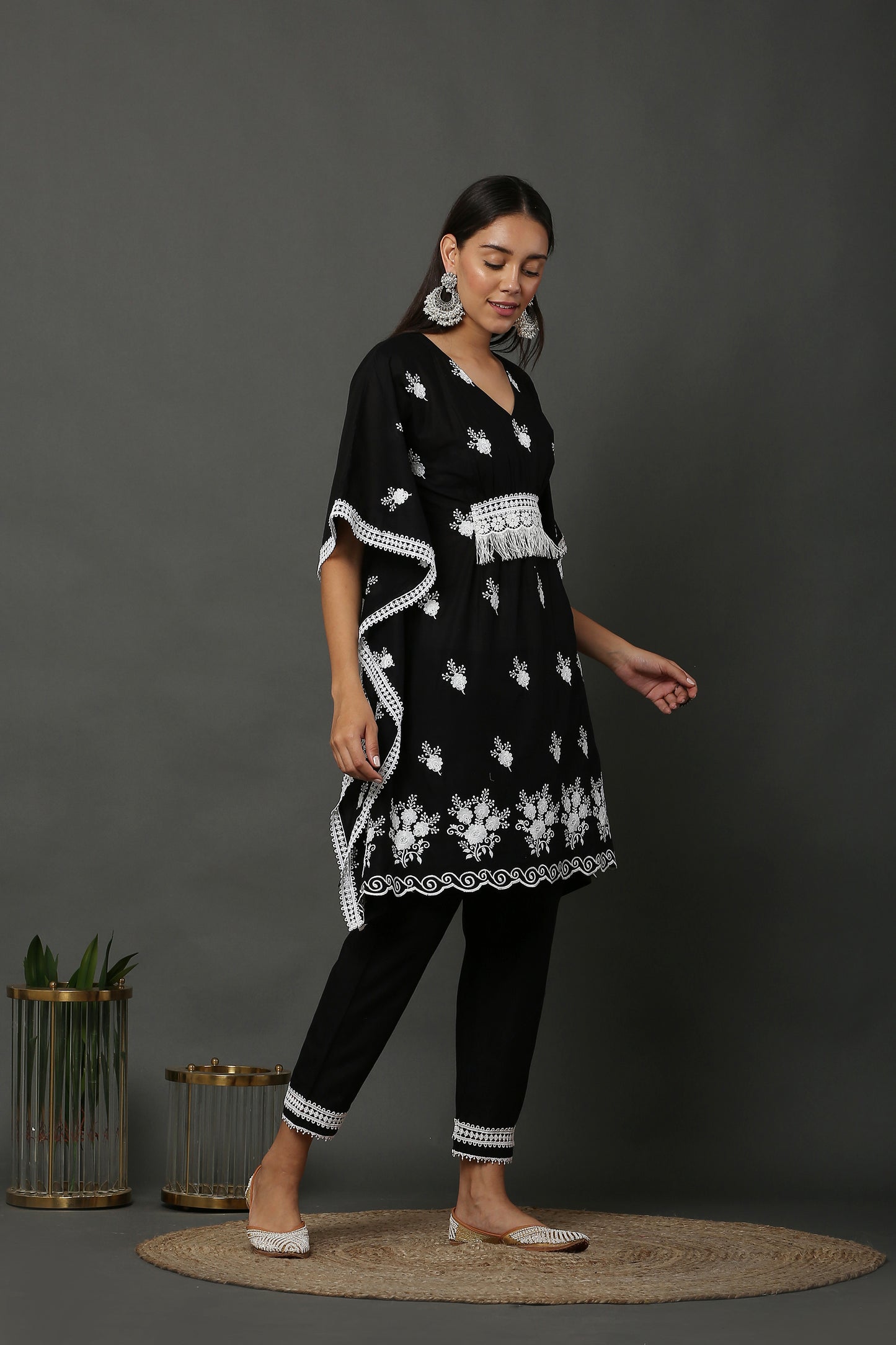 Black Scallop Embroidered Kaftan Set