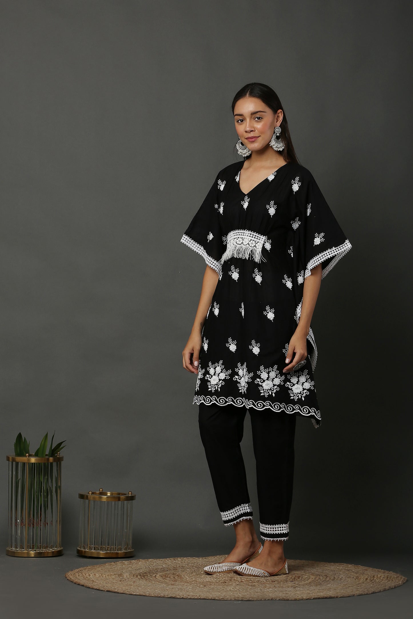 Black Scallop Embroidered Kaftan Set