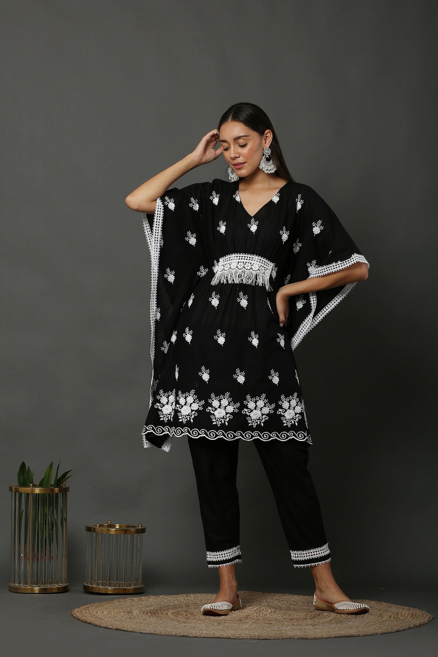 Black Scallop Embroidered Kaftan Set