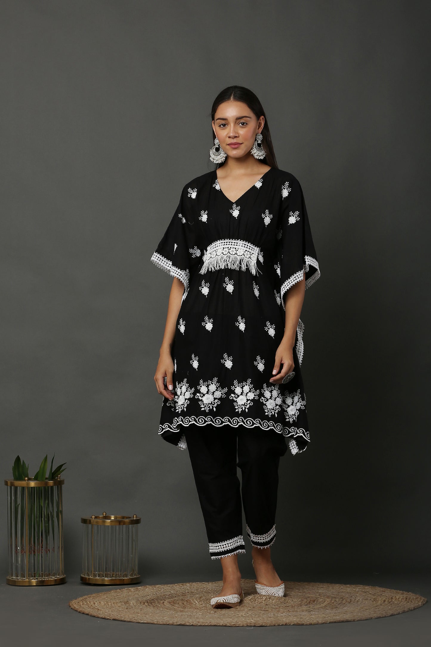 Black Scallop Embroidered Kaftan Set