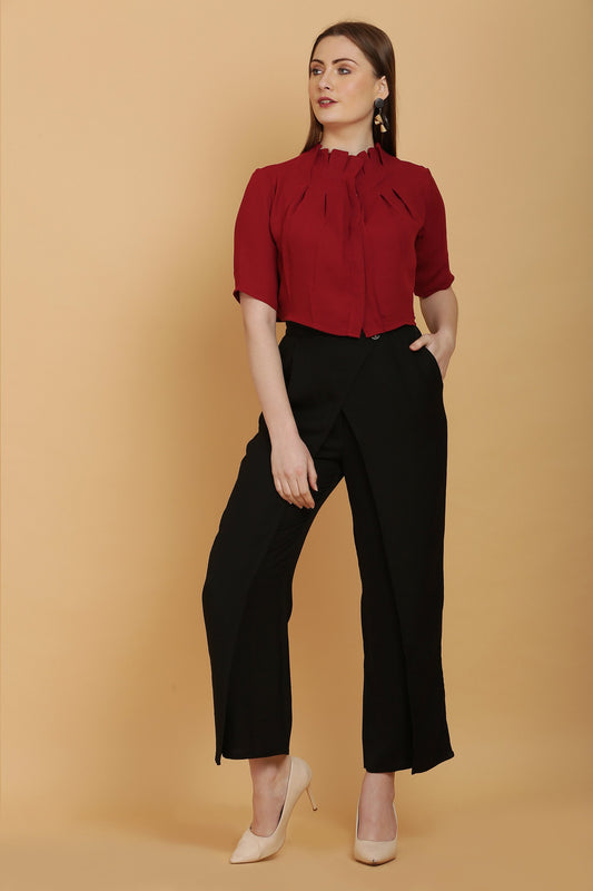 Crimson Pleated Crop Shirt