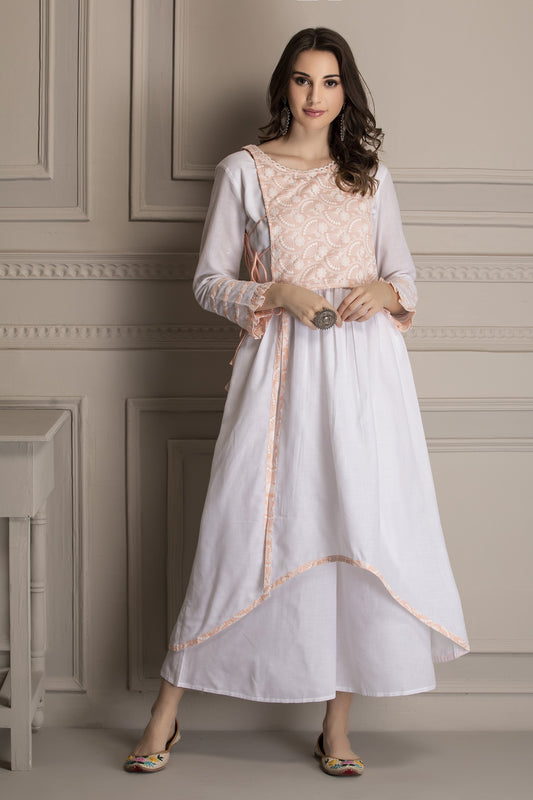 Peach and White Embroidered Kurta Set