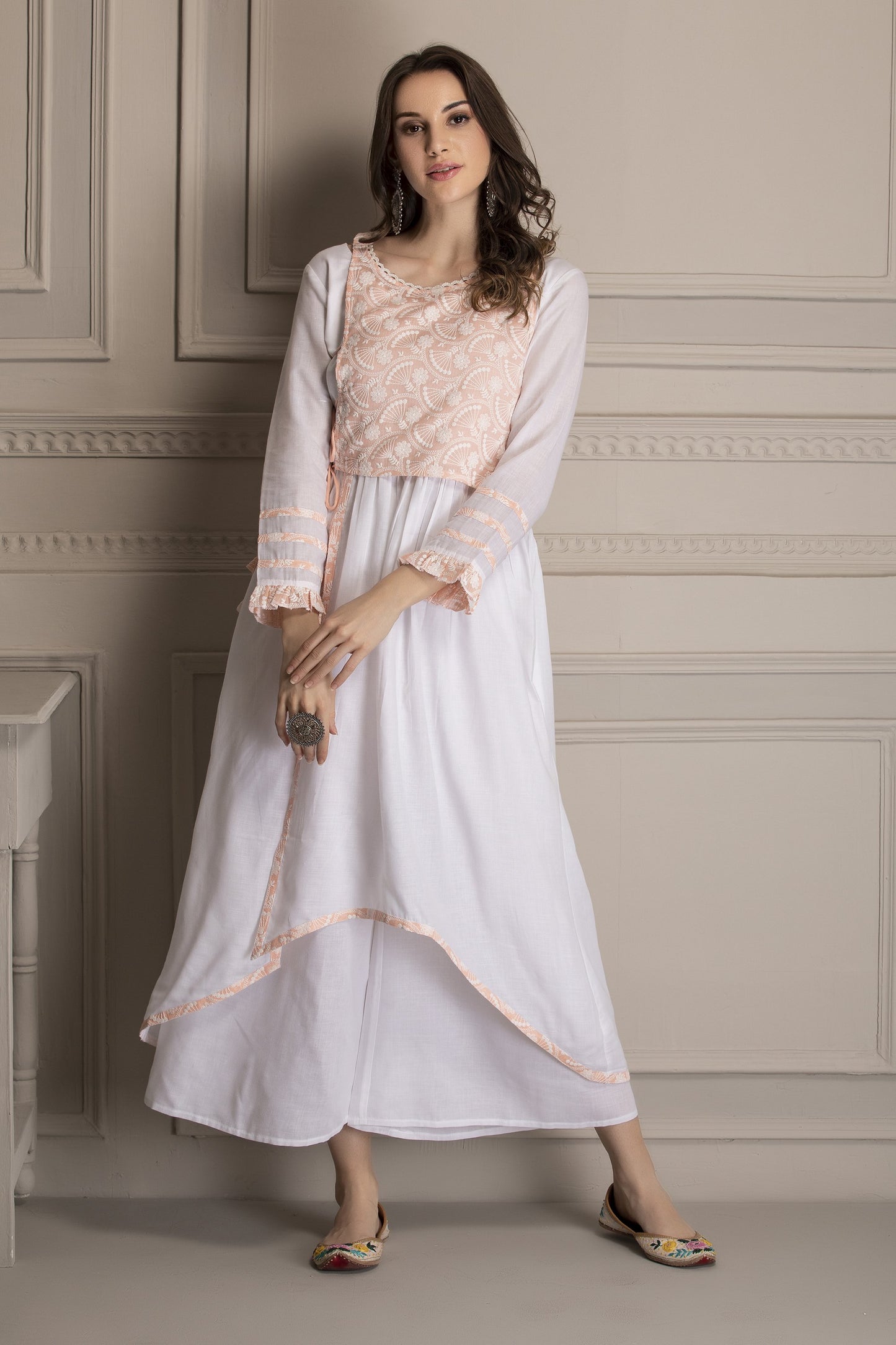 Peach and White Embroidered Kurta Set