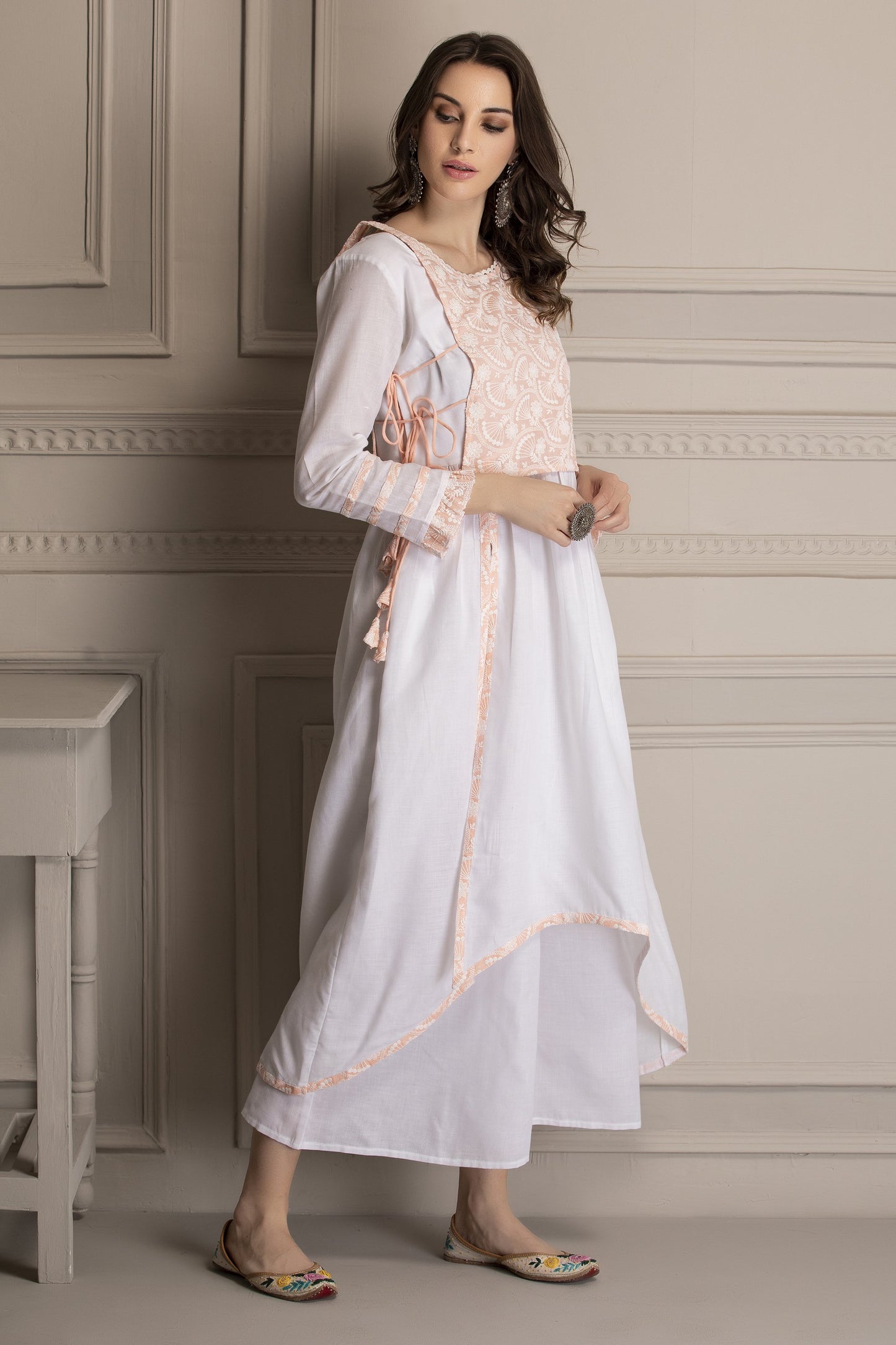 Peach and White Embroidered Kurta Set