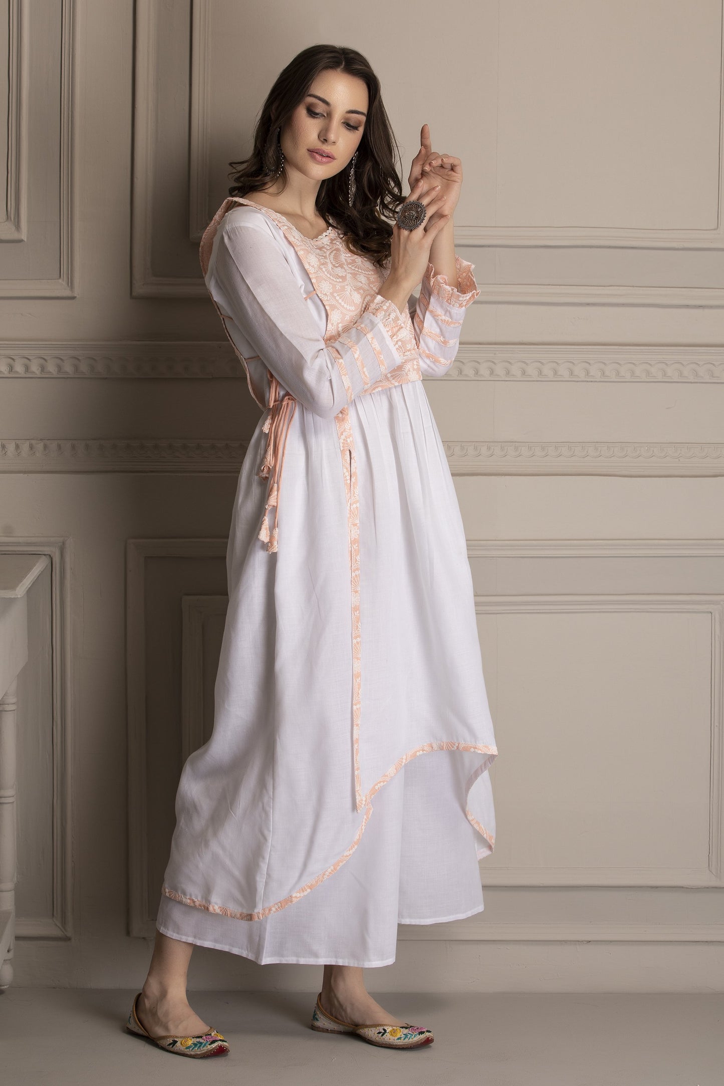 Peach and White Embroidered Kurta Set