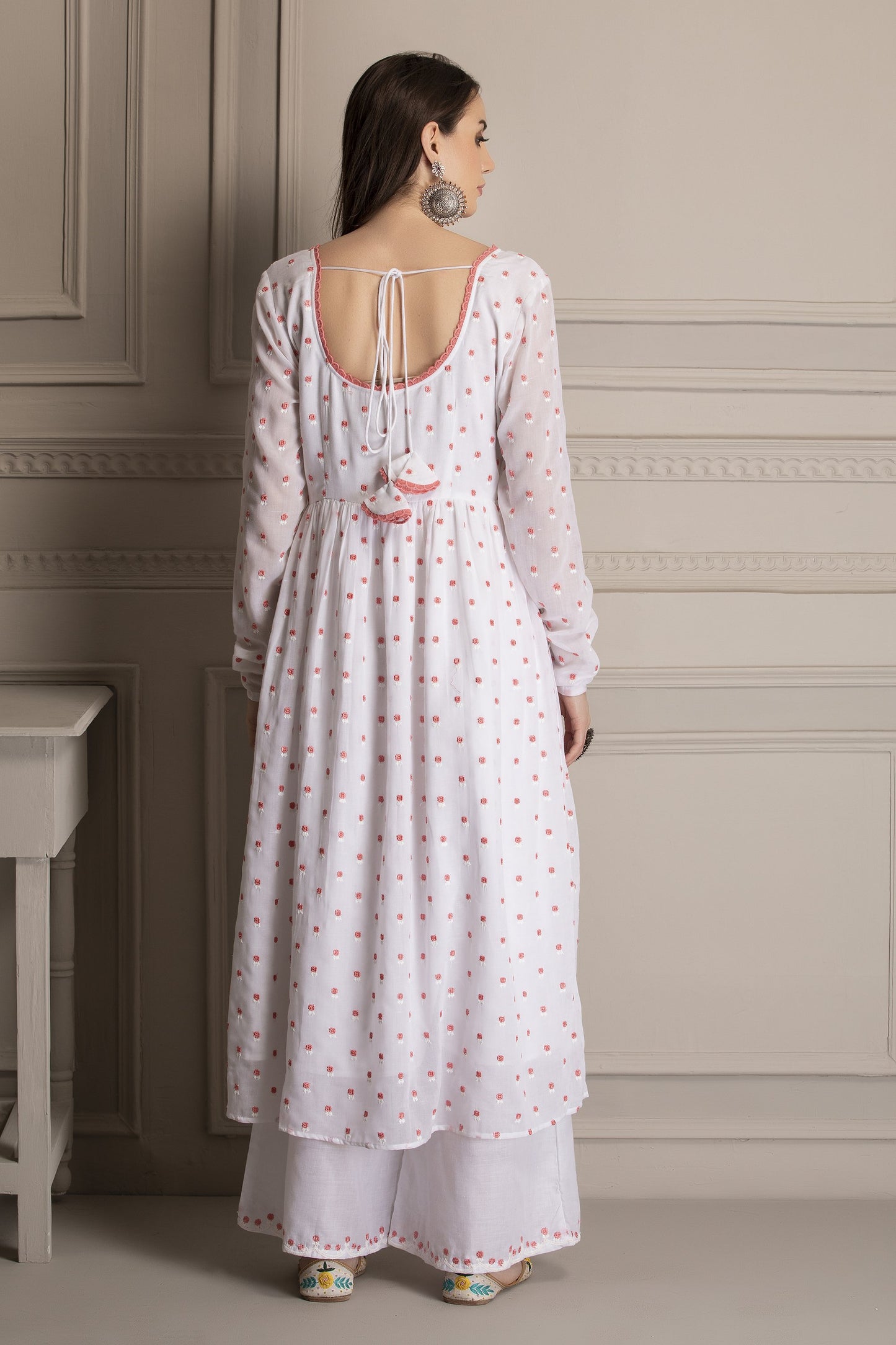 White and Fuschia Embroidered Kurta Set