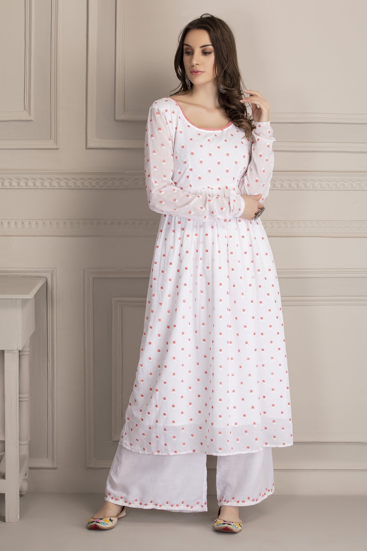 White and Fuschia Embroidered Kurta Set