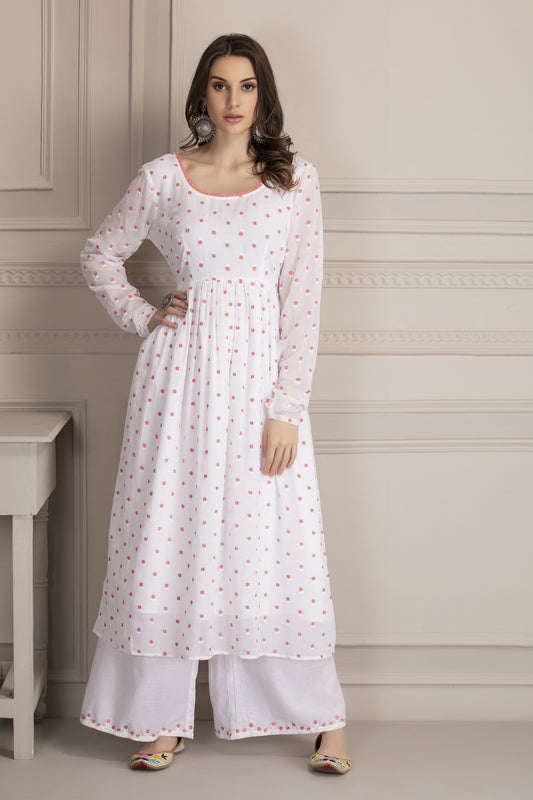 White and Fuschia Embroidered Kurta Set