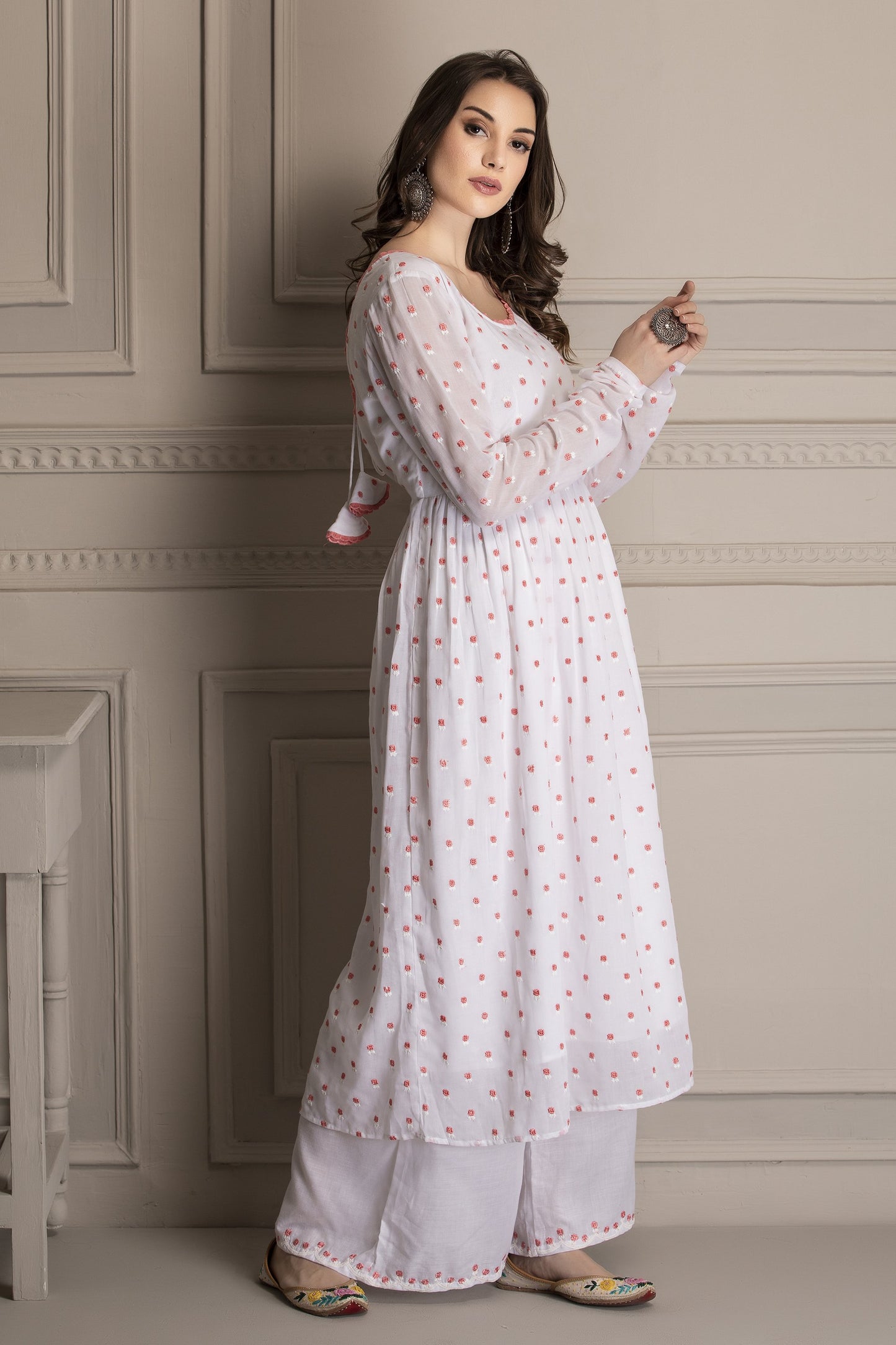 White and Fuschia Embroidered Kurta Set