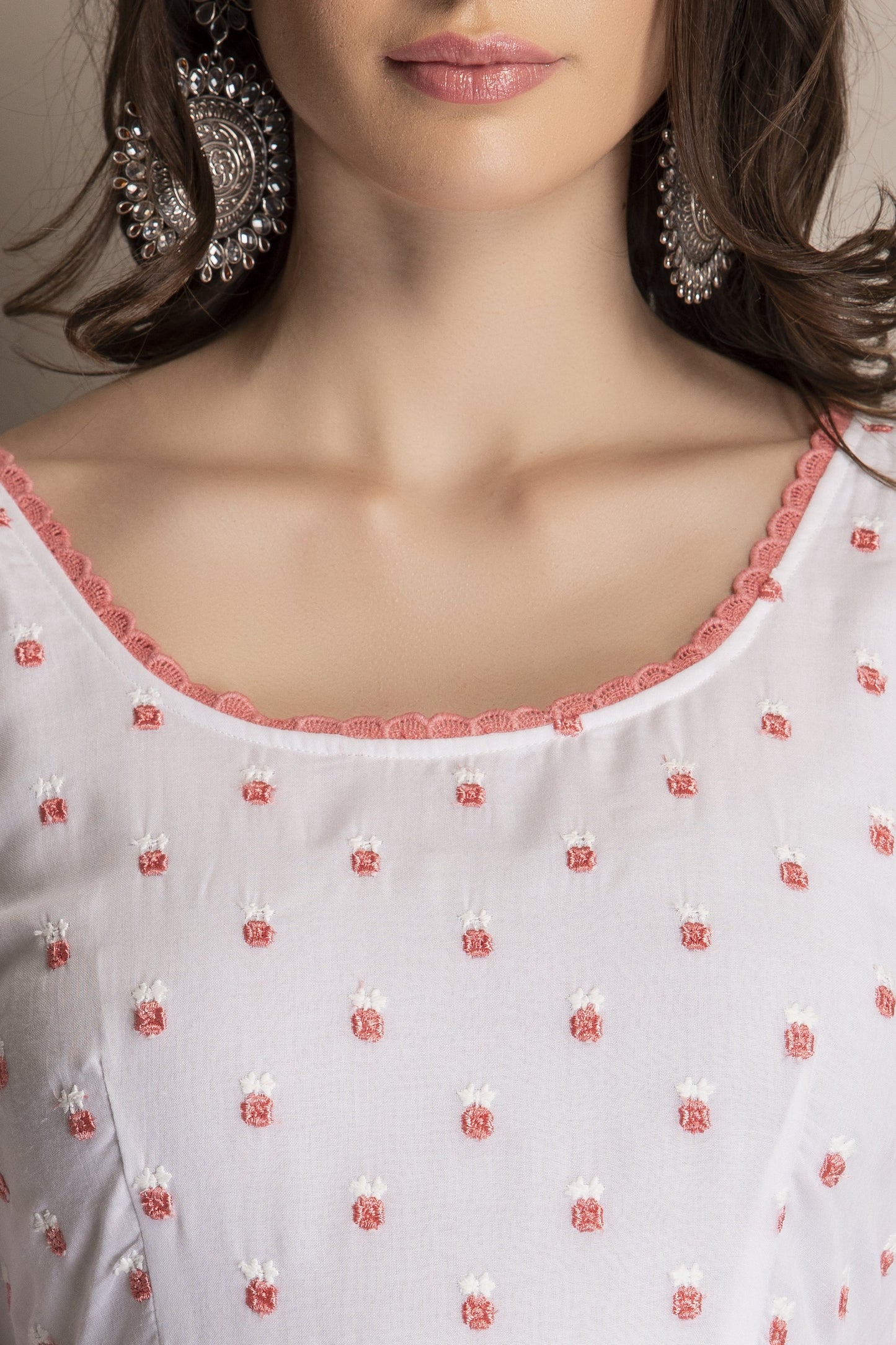White and Fuschia Embroidered Kurta Set