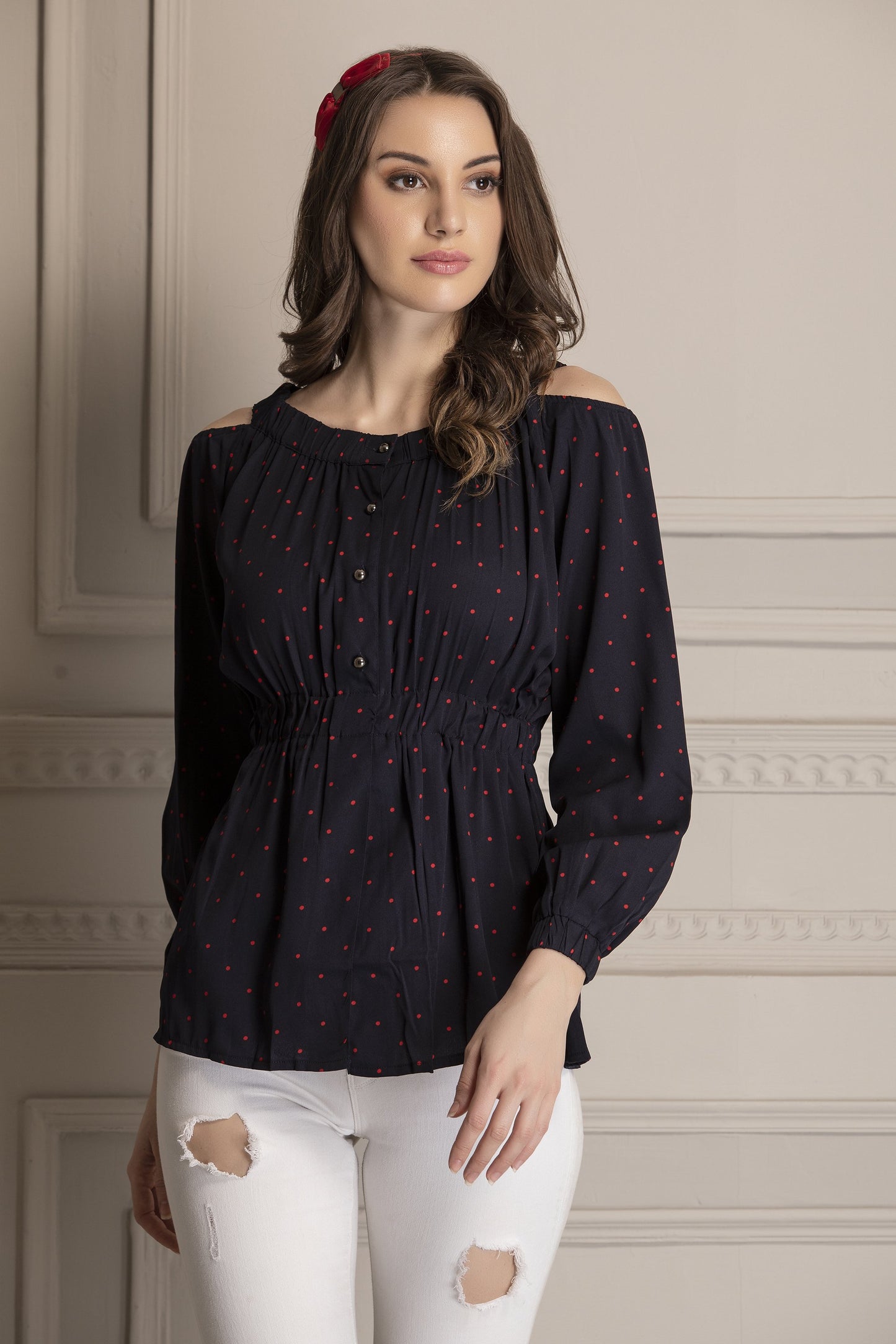 Navy and Red Polka Dot Top