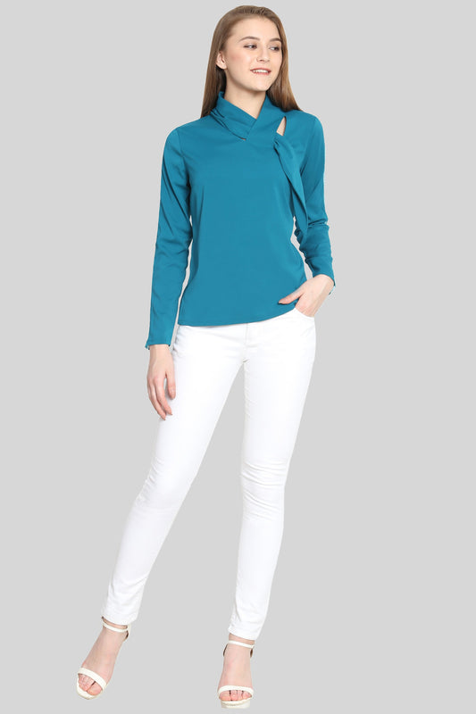 Teal tie Top with mesh sleeves