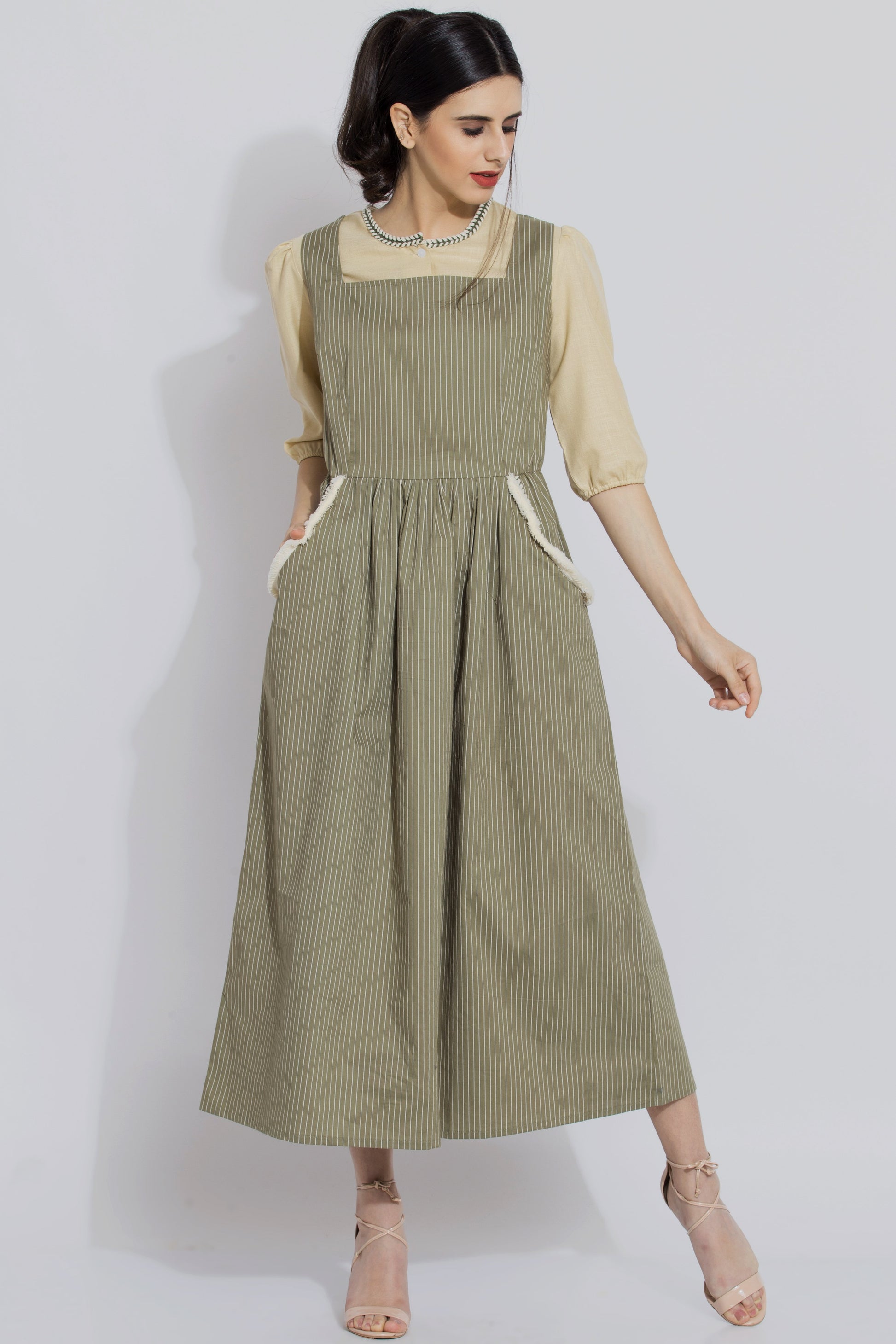 Green Stripe Pinafore Dress Set - sewandyou.com
