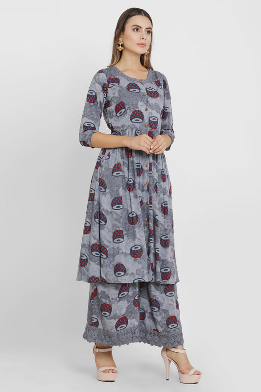 Grey Drum Print Kurta Set