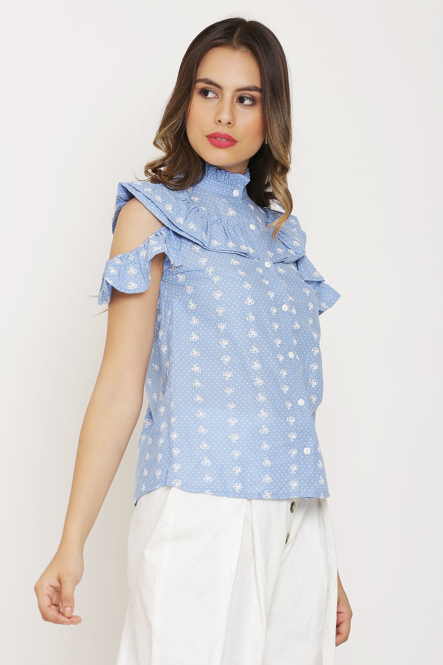 Blue and White Dot Print Top
